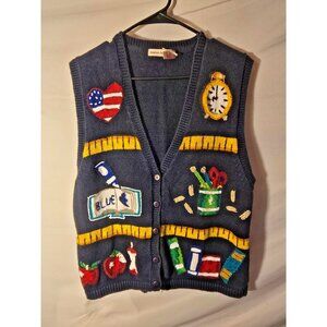 Vintage Lauren Hansen Teacher Quirky School Vest Navy Knit Womens Size Medium M